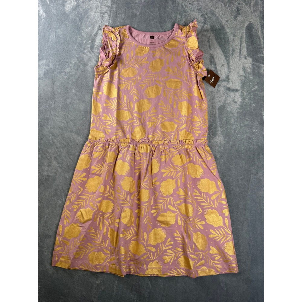 Tea Collection Dress Girls 12 NWT Mauve Gold Foil Floral Ruffle Drop Waist